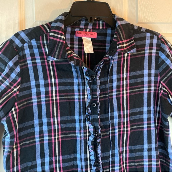Betsey Johnson Intimates Women M Pajama Top Button Up Fun Plaid (Missing Button) - Picture 4 of 13